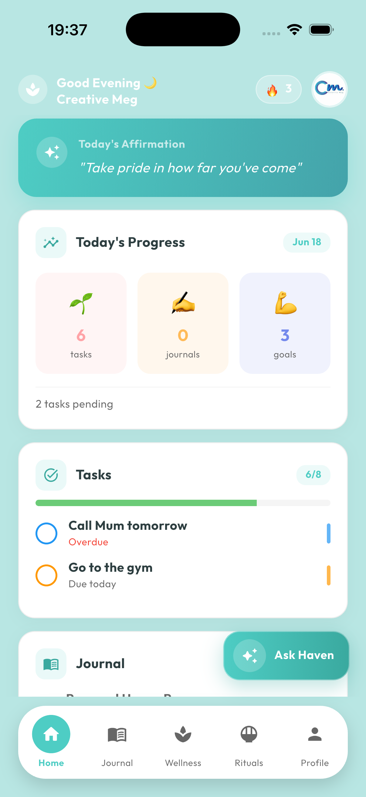 Personal Haven home dashboard