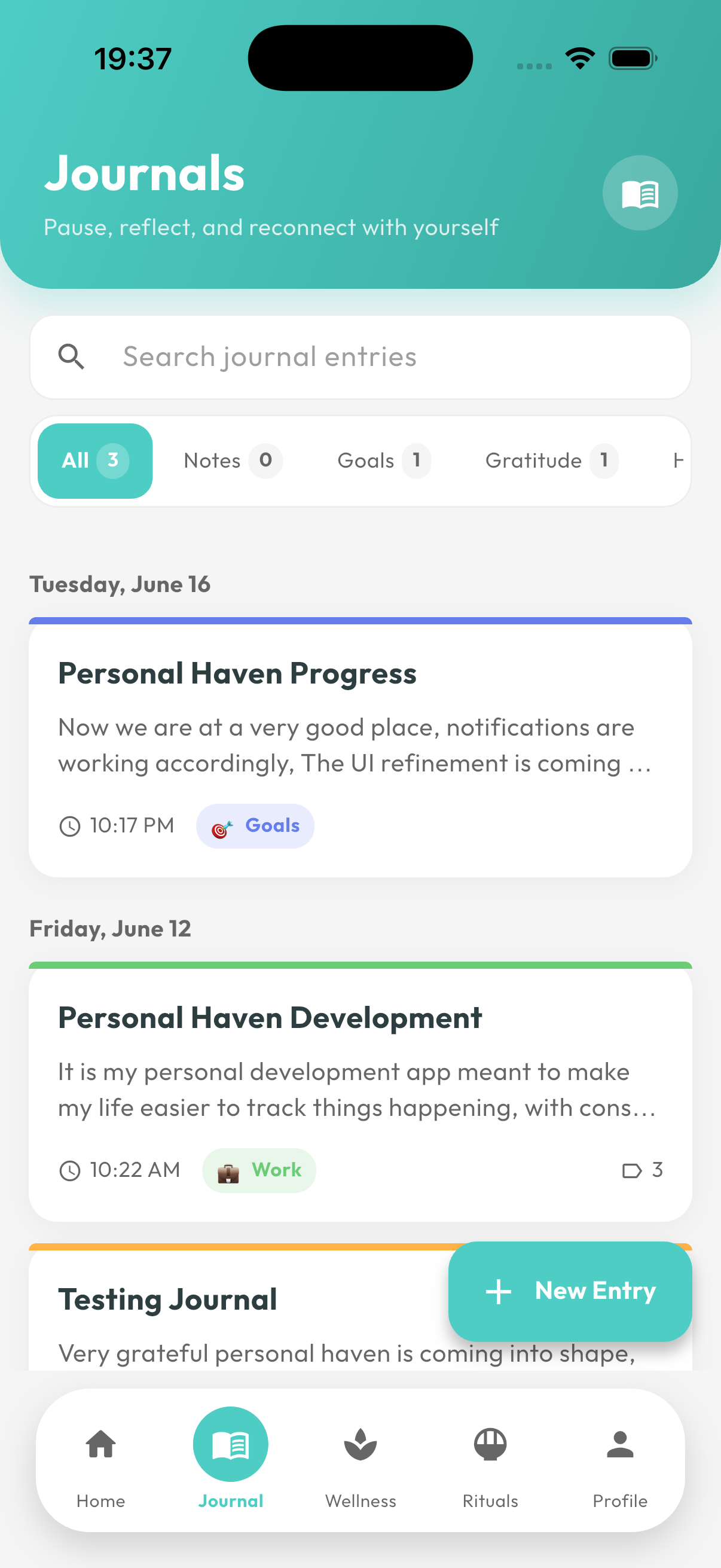 Personal Haven journals screen
